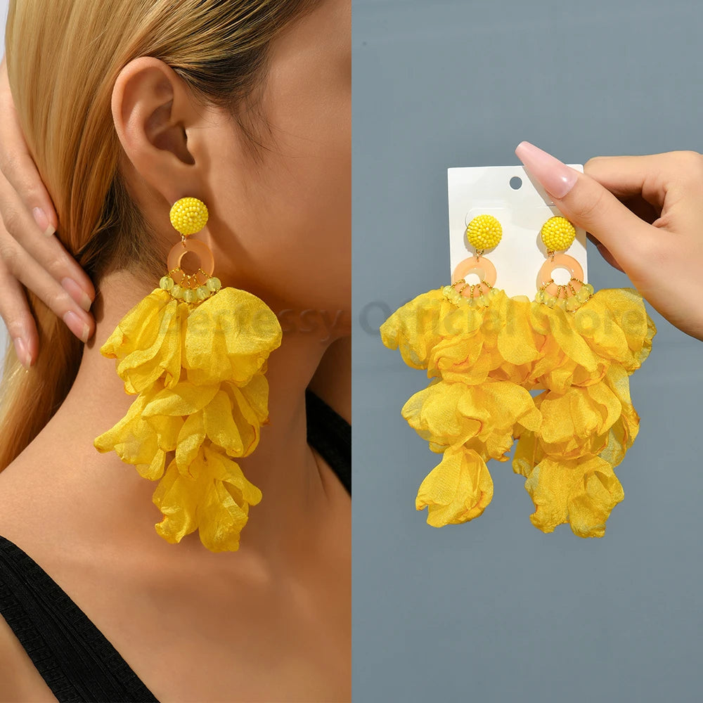 Boho Multicolor Cotton Flower Petal Dangle Earrings For Women Luxury Elegant Handmade Beaded Tassel Ear Pendant Fashion Jewelry