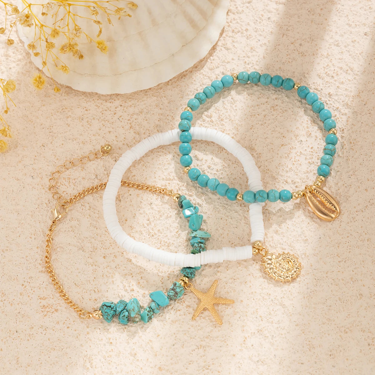 SHIXIN 3Pcs Irregular Green Natural Stone Bead Anklet Set for Women Boho Conch Starfish Feet Chain Bracelet Summer Beach Jewelry