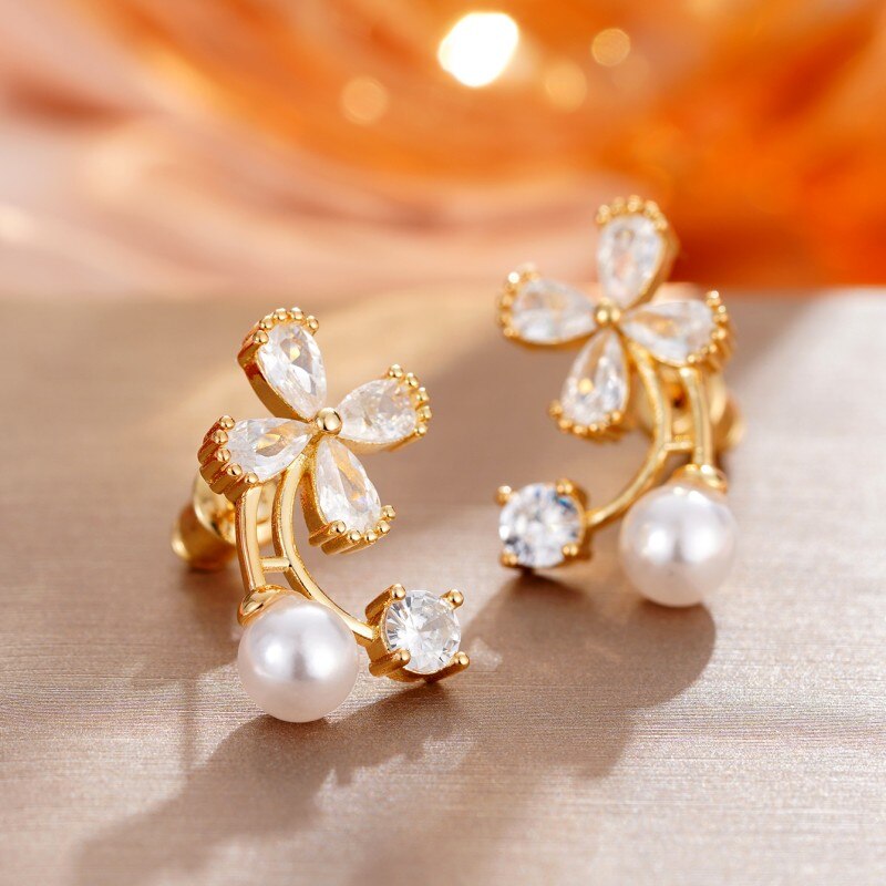 Huitan Temperament Sweet Flower Stud Earrings with Simulated Pearl Korean Fashion Ear Piercing Earrings Women Statement Jewelry - Charlie Dolly