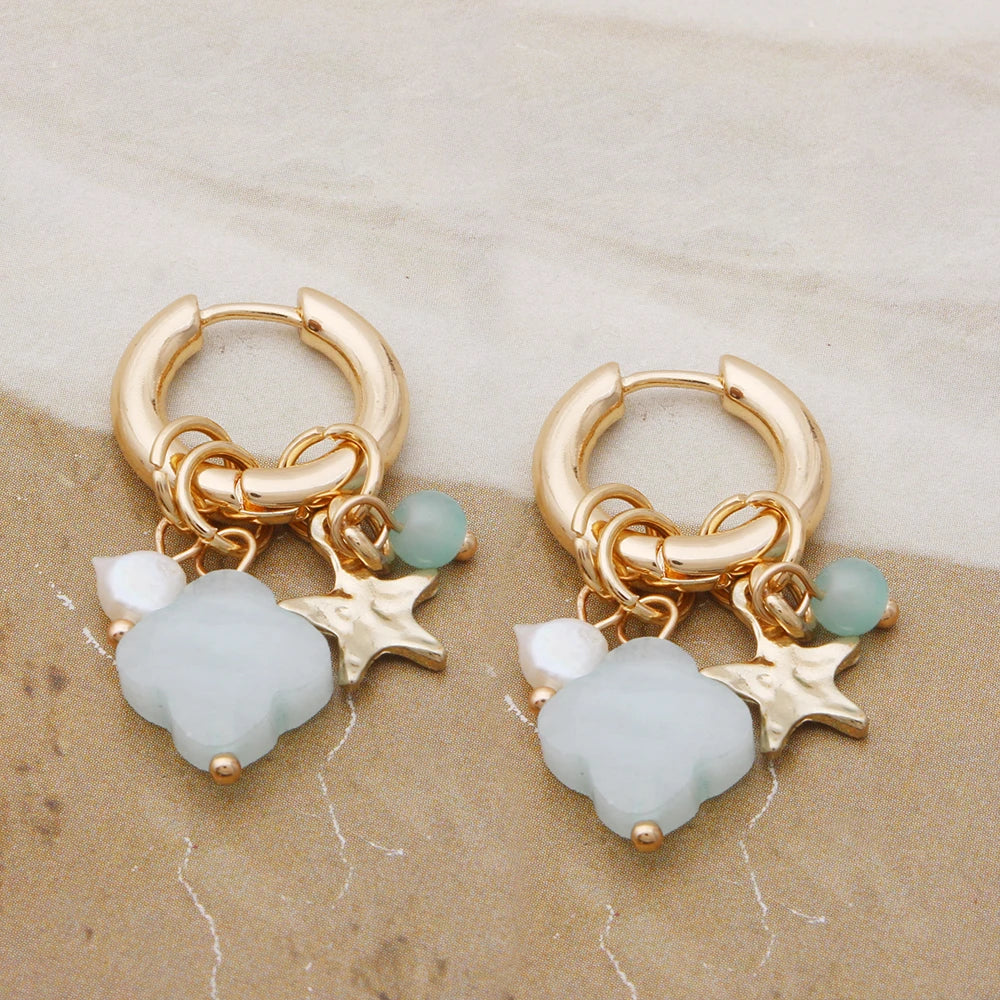 Pendant Earrings For Woman Boho Natural Stone Clover Malachite Powder Crystal Bohemia Charm Ear Luxury Quality Jewelry Girls