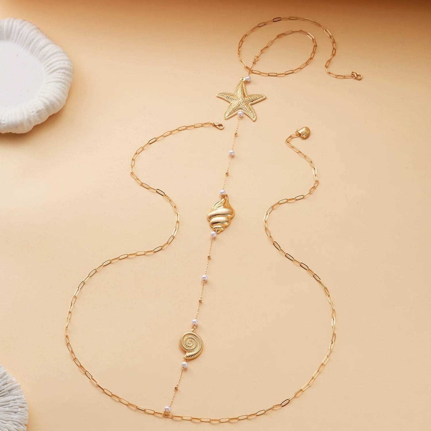 Gold Color Starfish Shell Pearl Back Chain Body Chain For Women Summer Beach Boho Backdrop Jewelry For Open Back Dresses