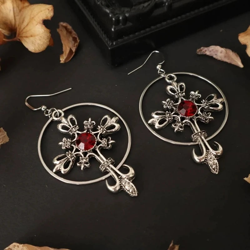 Cross Crystal Big Hoop Earrings, Gothic Cross Hoop Earrings, Unique, Gothic, Vikings, Witchy, Tarot, Viking, Boho, Witchy