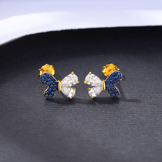 CZCITY Sapphire Blue Cubic Zirconia 925 Sterling Silver Butterfly Stud Earrings Gold Plated Unusual Luxury Party Fine Jewelry - Charlie Dolly
