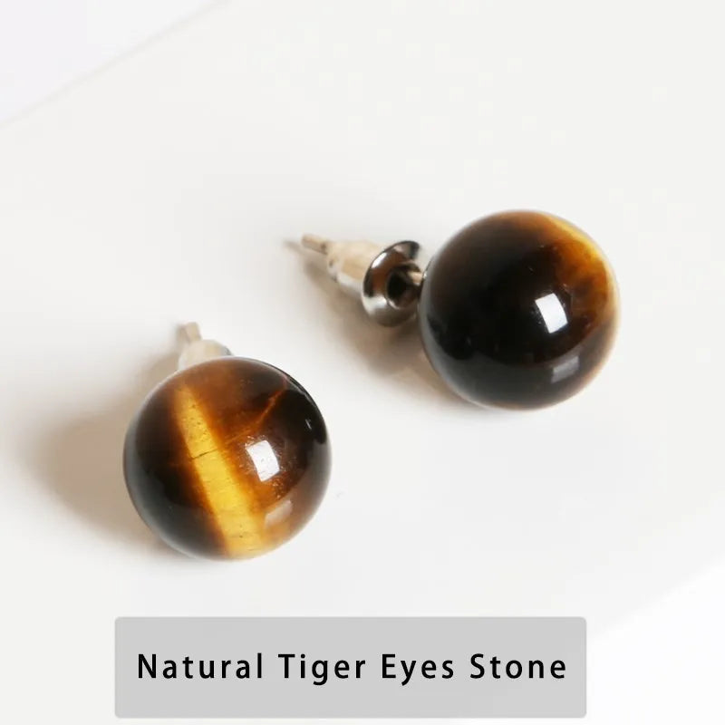 Natural Stone Agate Quartz Lapis Lazuli Tiger Eye Round Bead Stud Earrings Women Fashion Simple Stainless Steel Crystal Ear Stud