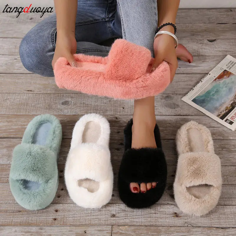 Winter Fur Women slippers 2023  Plush fluffy Home Slippers Women Cozy Soft Warm Furry Indoor House Shoes Platform Flip Flops 42 - Charlie Dolly