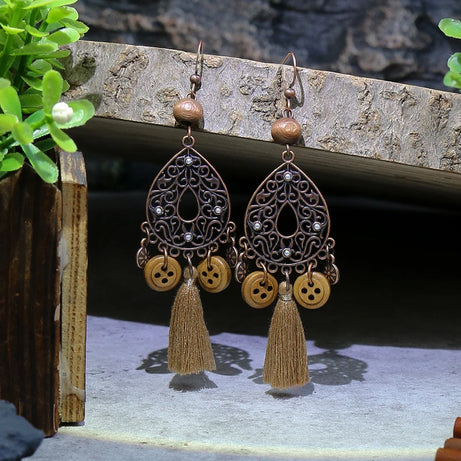 Wooden Bead Flower Leaf Long Tassel Earrings Jewelry