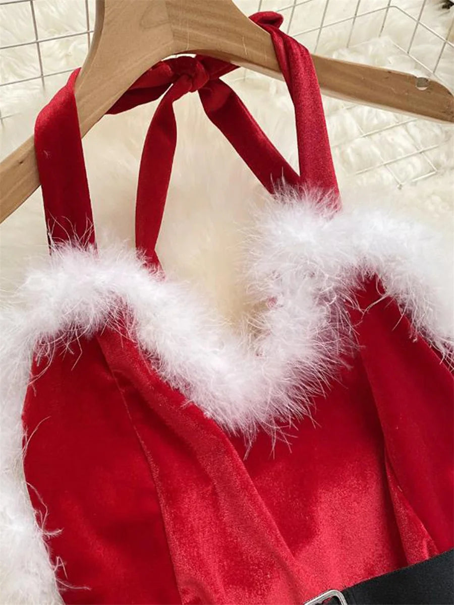 Women s Christmas Cosplay Costume Lingerie Rompers Plush Trim Christmas Party Cosplay Jumpsuits Playsuits - Charlie Dolly