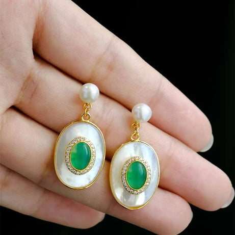 New style inlaid lapis lazuli artificial artificial fritillary earrings for women emerald vintage pearl wedding silver jewelry - Charlie Dolly