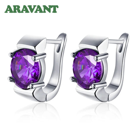 925 Silver Amethyst Hoop Earrings, Colorful Gemstone Wedding Jewelry