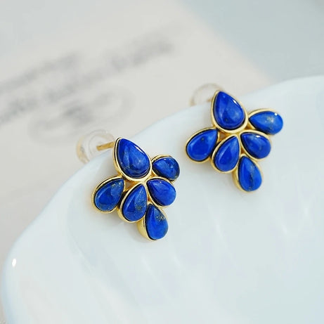 GEEZENCA 925 Silver Lapis Lazuli Turquoise Leaf Stud Earrings Women Gold Plated Trendy Dainty Lightweight Statement Earring Gift - Charlie Dolly