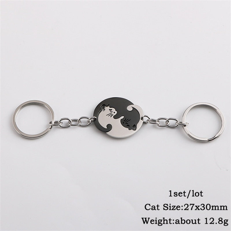 2pcs Cute Black Cat Keychain Patchwork Heart Round Couple Lovers Keyring Stainless Steel Backpack Car Key Ring Hanging Jewelry - Charlie Dolly