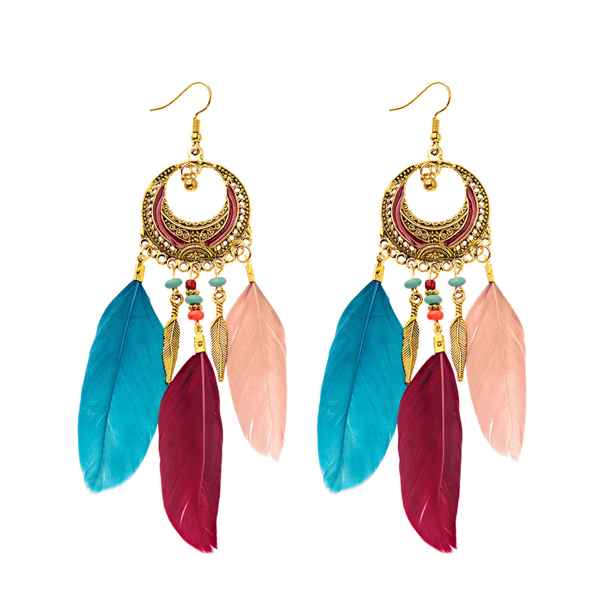 Round Retro Women's Dream Catcher Handmade Long Tassel Feather Earrings Female Leaves Pendant Earring Kolczyki Boho Jewelry