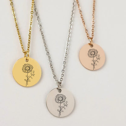Personalized Sunflower Necklace Girlfriend Jewelry Gift Dainty Disc Engraved Birth Flower Pendant Necklaces