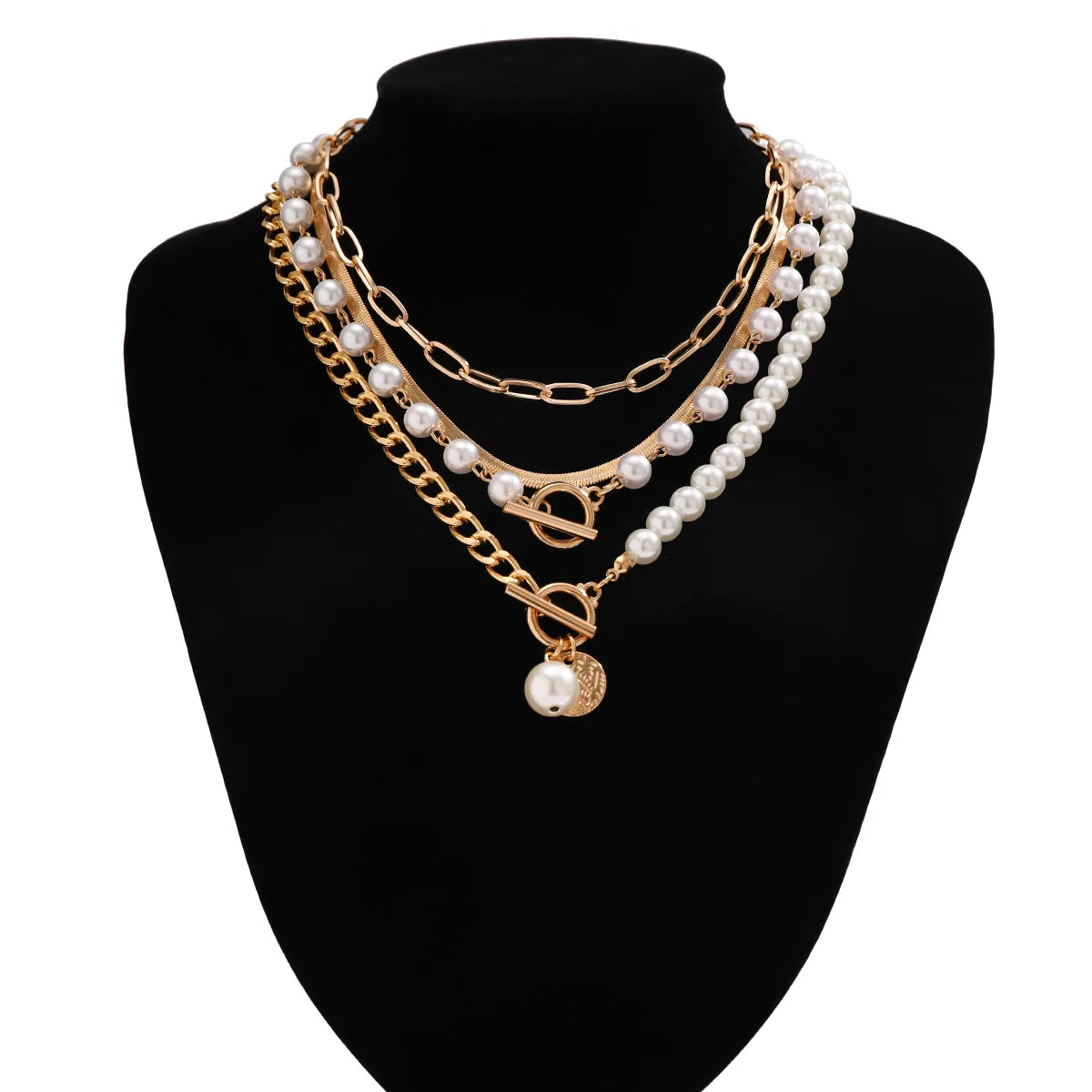 Carved Gold Circle Pearl Layered Necklace Jewelry