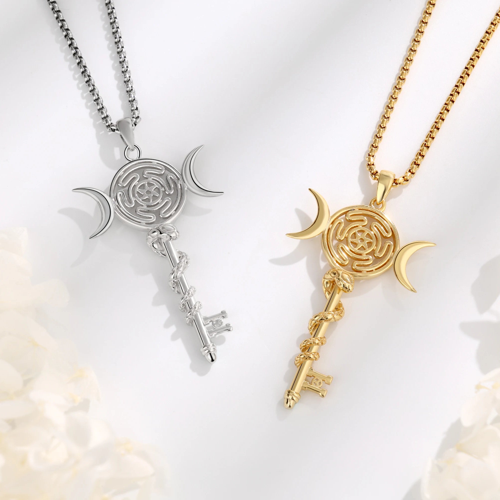 Sterling Silver 925 Hekate Wheel Triple Moon Goddess Necklace, Snake Key Witch Amulet