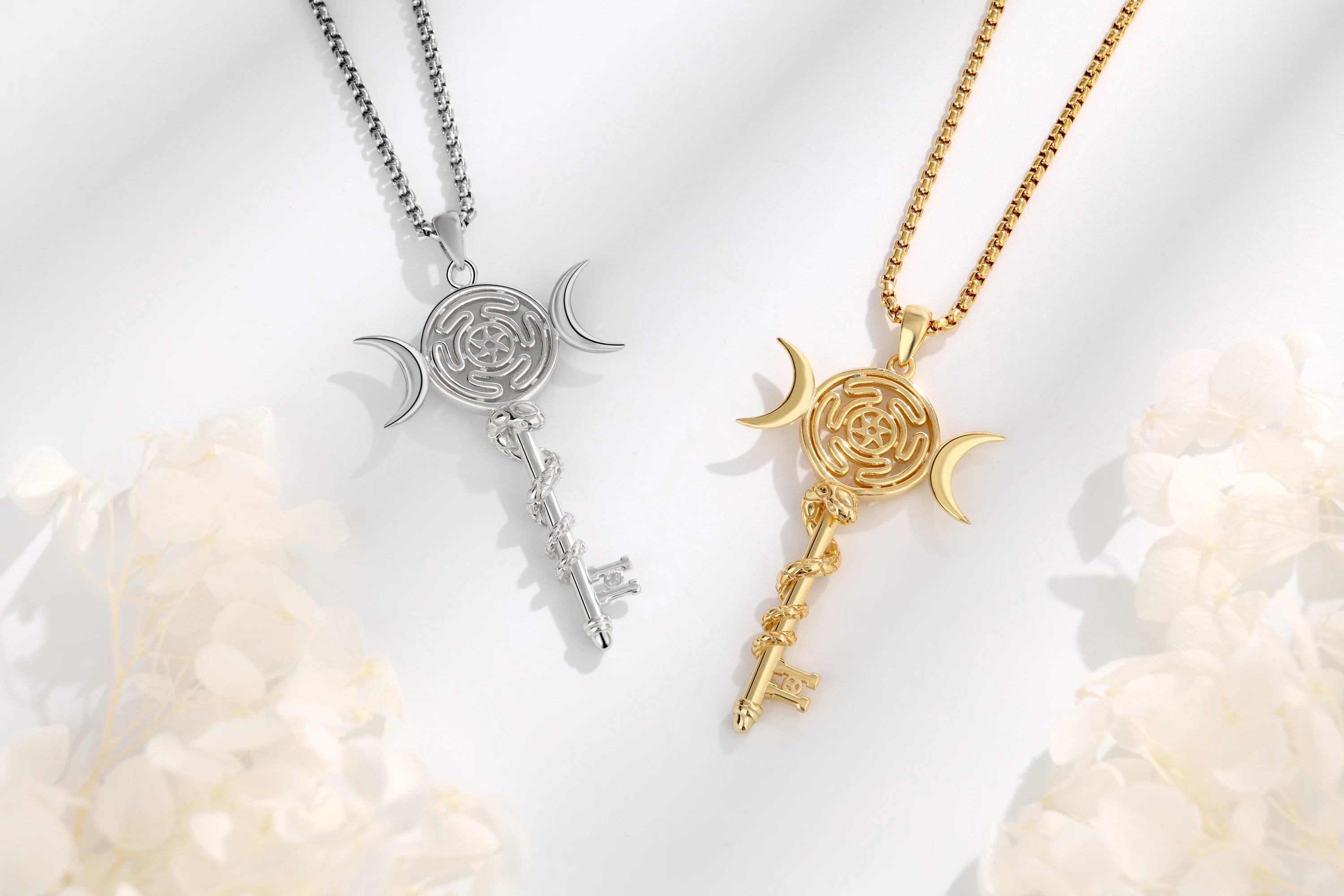 Eudora 925 Sterling Silver Hekate Wheel Necklace for Women Snake Key Triple Moon Goddess Pendant Witch Jewelry Personality Gift