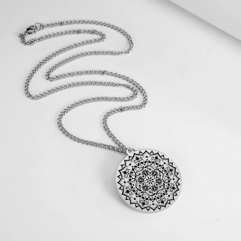 Lotus Chakra Mandala Pendant Necklace, Stainless Steel Buddhist Hindu Meditation Amulet