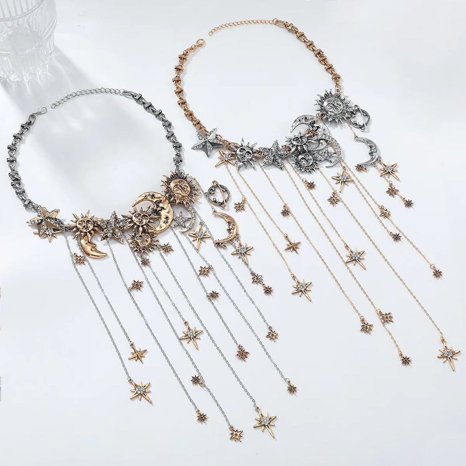 Moon, Star and Sun Exaggerated Tassel Boho Pendant Necklace