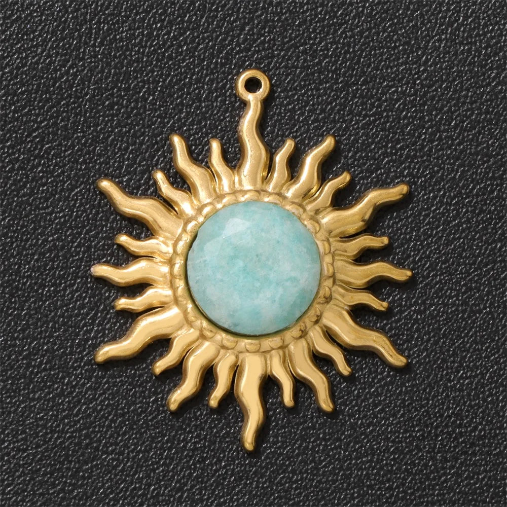 2pcs 25x30mm Gold Color Sun Shape Natural Stone Pendant Inlaid with Lapis Lazuli Gem Charm for Jewelry Making Necklace Earring
