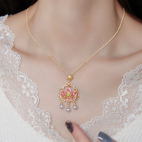 Pink Lotus Ruyi Lock & Pearl Tassel Enamel Necklace, Buddhist Blessing Talisman