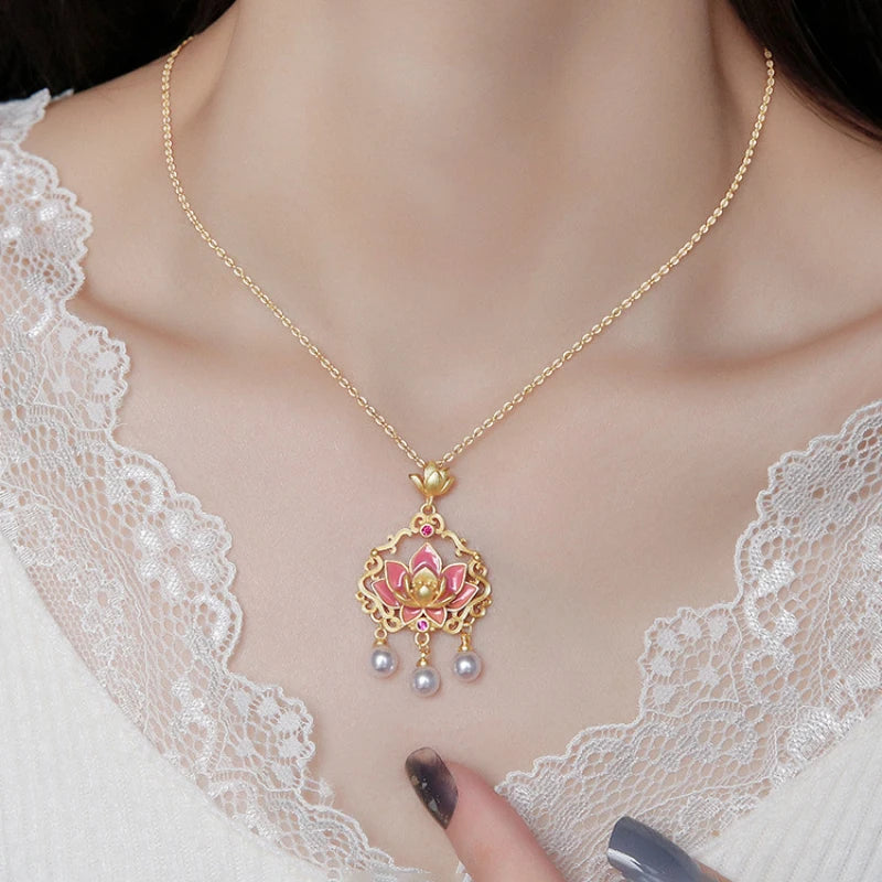 Classic matte pink lotus flower Ruyi lock necklace pearl tassel pendant enamel collarbone chain wedding for women jewelry gift