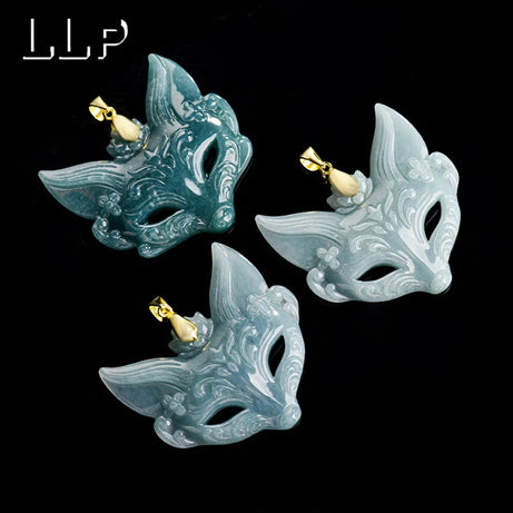 S925 Sterling Silver Hand-Carved Jade Fox Mask Pendant Necklace, Sacred Kitsune Amulet