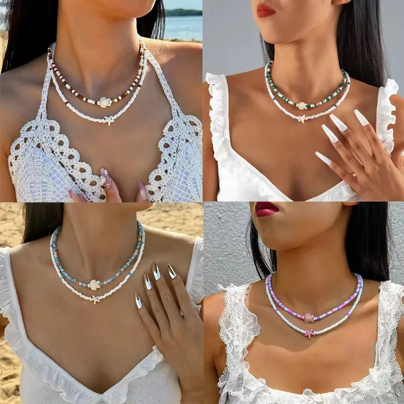 Tocona البوهيمي الملونة عقد من الخرز للنساء الصيف اليدوية نجم البحر السلحفاة المختنق سلسلة الشاطئ مجوهرات اكسسوارات