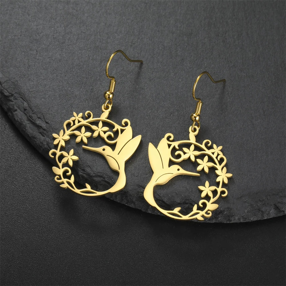Hummingbird Filigree Flower Dangle Earrings Jewelry