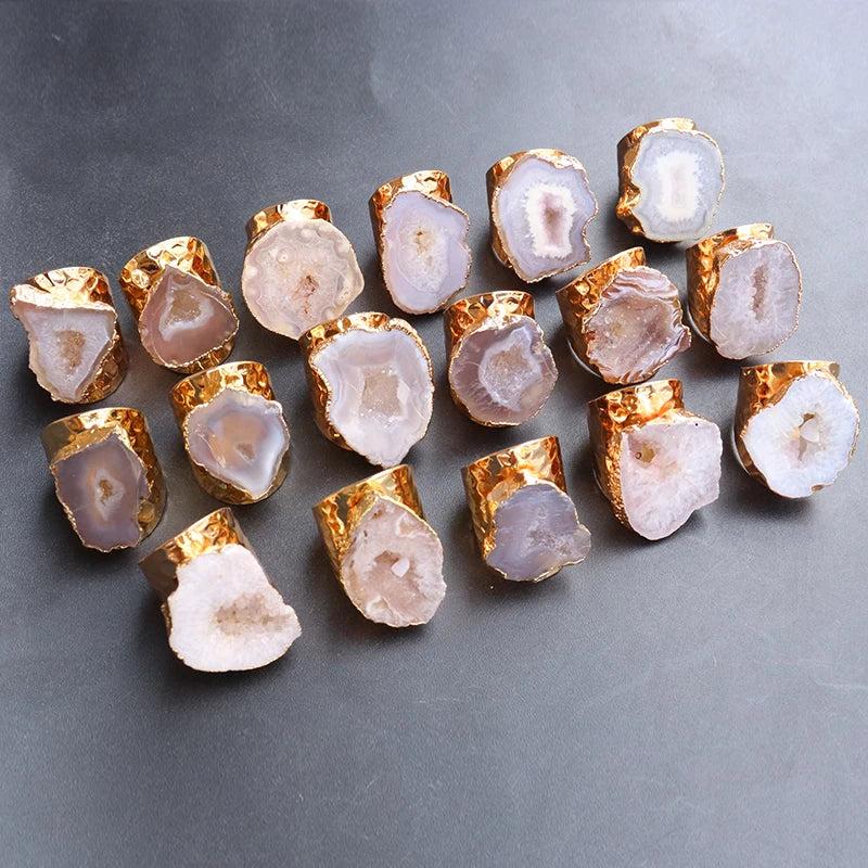 Irregular Natural Geode Stone Rings Agate Slices Wide Open Ring for Women Men Boho Resizable Finger Jewelry