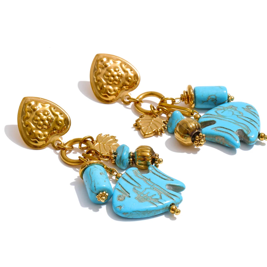 Blue Stone Fish Drop Earrings, 18K Gold Ocean Summer Stainless Steel Jewelry