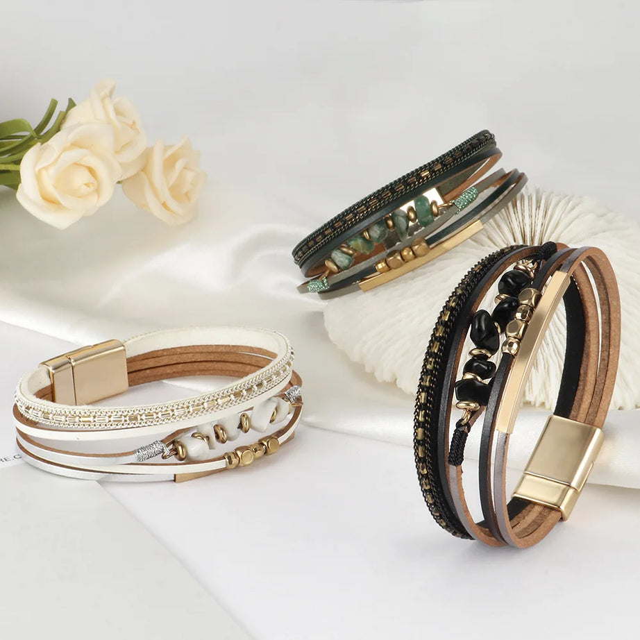 Layered Leather Stone Cuff Bracelet