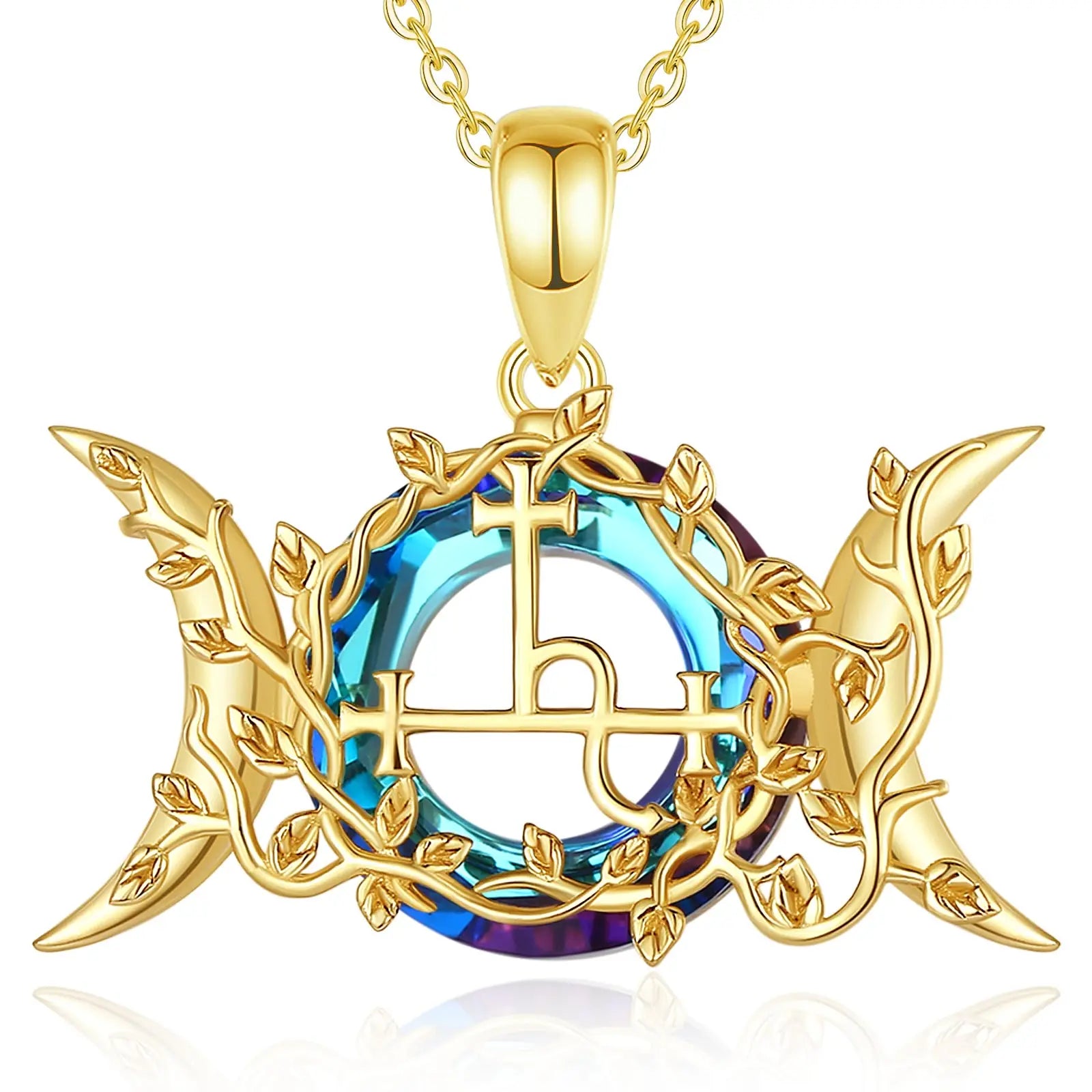 Eudora 925 Sterling Silver Lilith Sigil Necklace 18K Gold Triple Moon Goddess Amulet Pendant Austrian Crystal Wicca Jewelry Gift