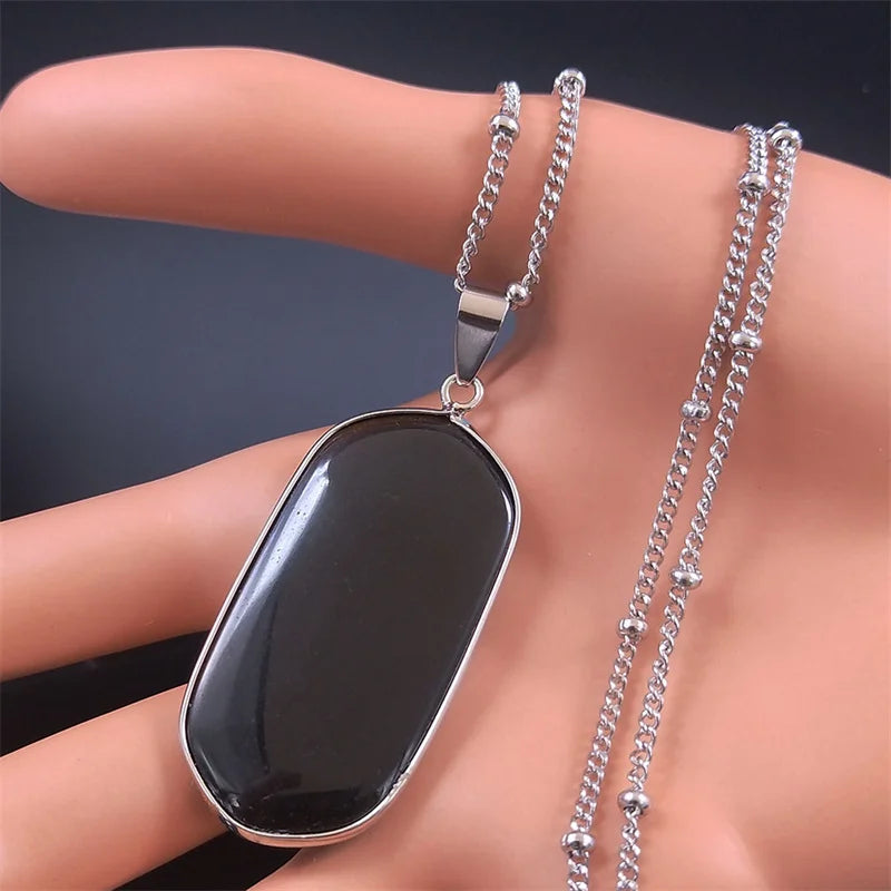 Black Obsidian Geometric Lucky Pendant Necklace Women Boho Natural Stone Stainless Steel Silver Color Necklaces Jewelry NA145S04