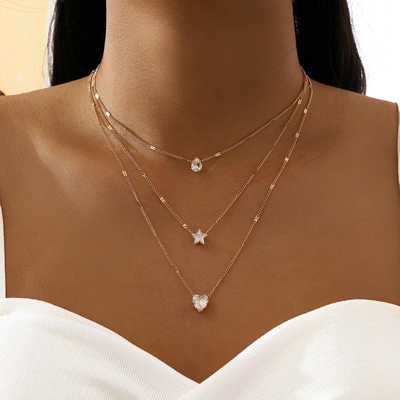 Crystal Zircon Heart Star Charm Layered Pendant Necklace Set for Women Charms Fashion Square Rhinestone Female Vintage Jewelry - Charlie Dolly