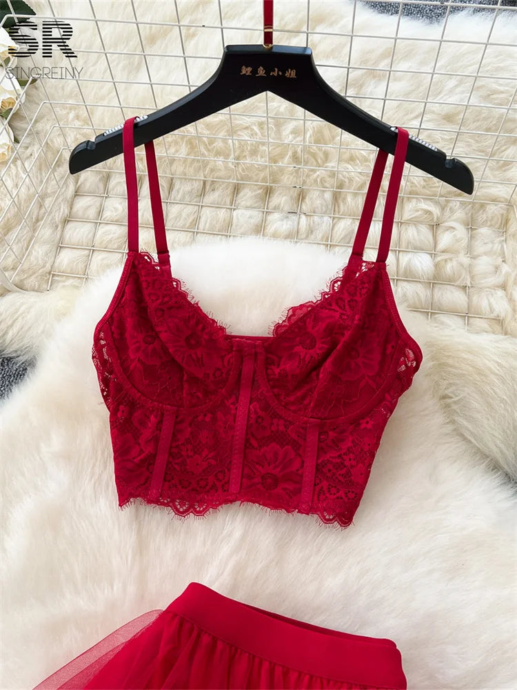 SINGREINY Sexy Lace Two Pieces Suits Women Sleeveless Strapless Camisole+Irregular Elastic Waist Skirt Fashion Gauze Party Sets - Charlie Dolly