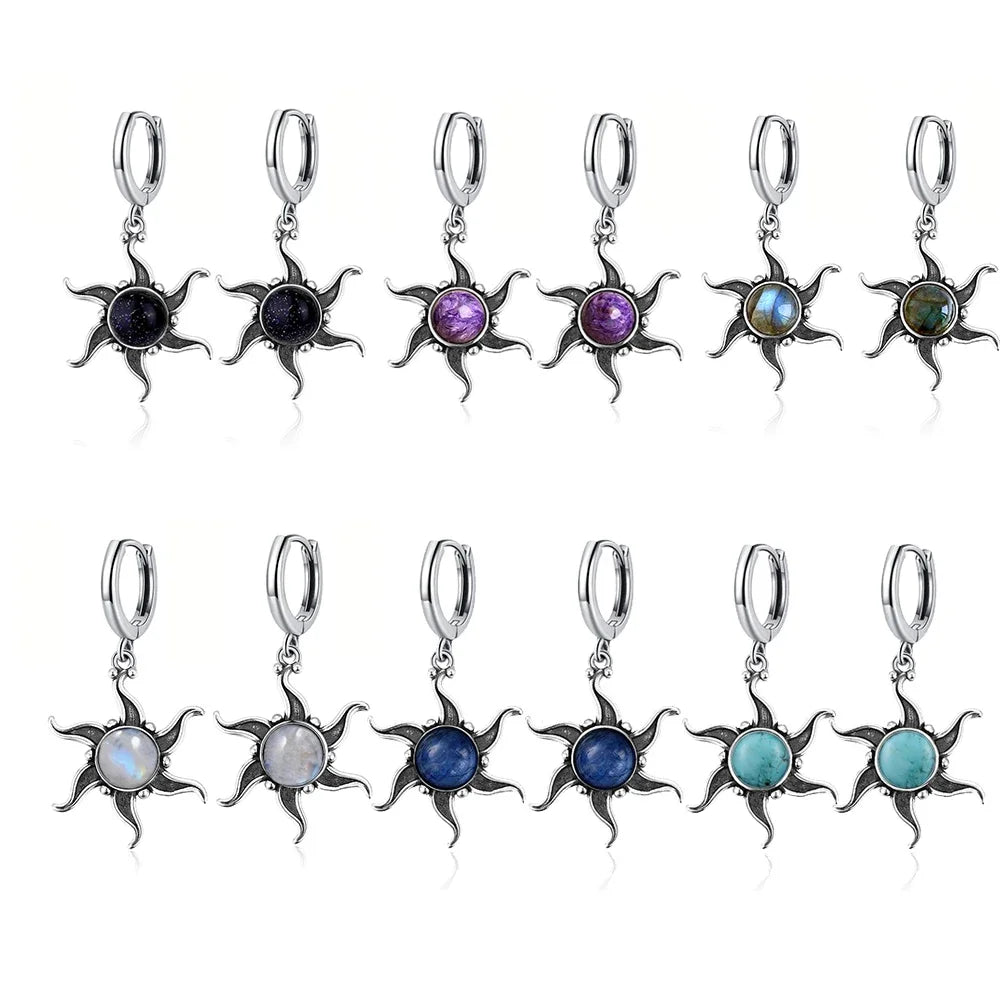Natural Stone Sun Flower Hoop Earrings for Women, Vintage Antique Silver Turquoise Amethyst Labradorite Dangle Earring Wholesale