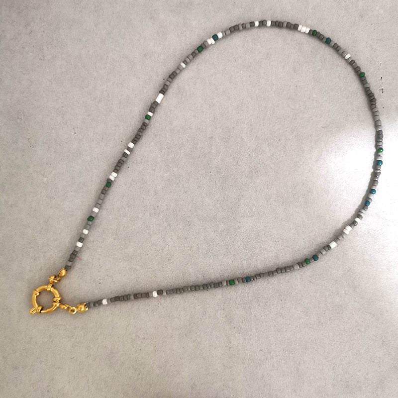 QMHJE Imitation Pearl Necklace Women Choker Seed Beads Rainbow Stainless Steel Clasp Sailor Buckle Base Chain Gold Color Boho - Charlie Dolly