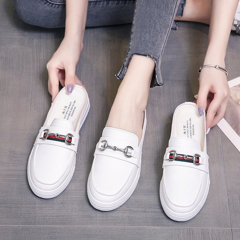 Mules Slippers Women Summer Little White Half Slippers Women 's New Net Versatile Student Flat Bottom Breathable Cool Slippers - Charlie Dolly