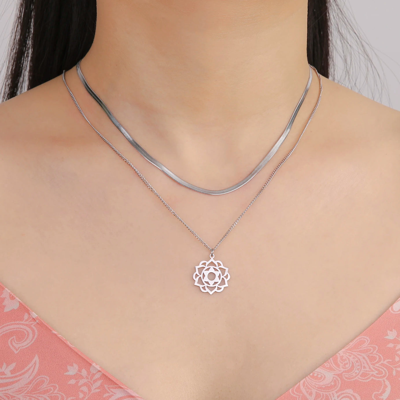 Yoga Lotus & Flower of Life Pendant Necklace, Stainless Steel Chakra Healing Amulet