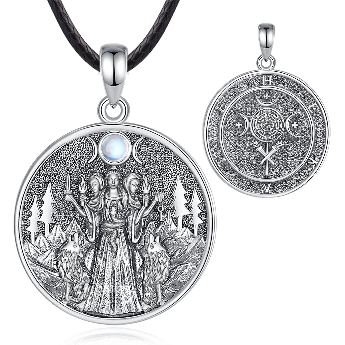 S925 Sterling Silver Hecate & Dog Pendant Necklace, Triple Moon Goddess Moonstone Amulet