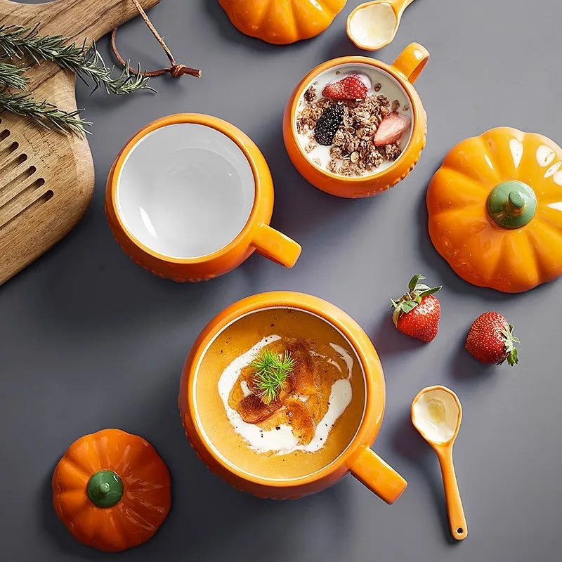 300/450ML Halloween Pumpkin Shaped Ceramic Cup With Spoon Kawaii Soup Mug With Lid  Oatmeal Cup Creative Water Cup - Charlie Dolly
