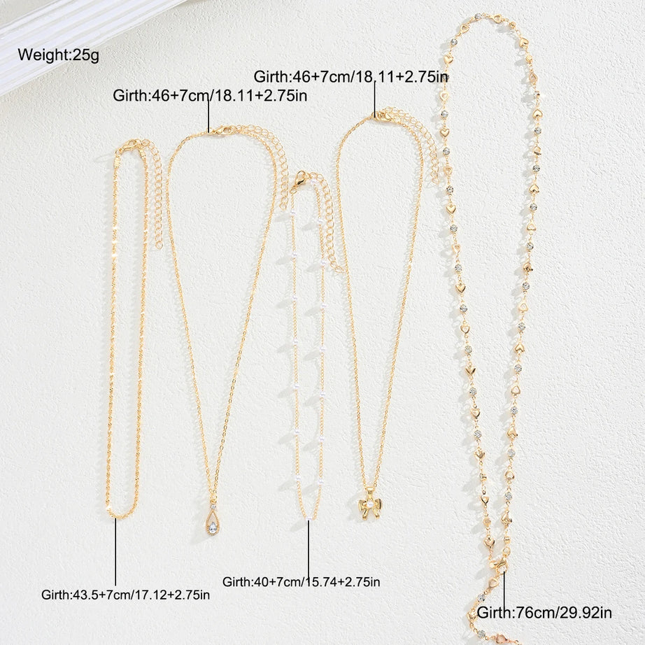 Zircon Pearl Bow Heart Layered Necklace Set Jewelry