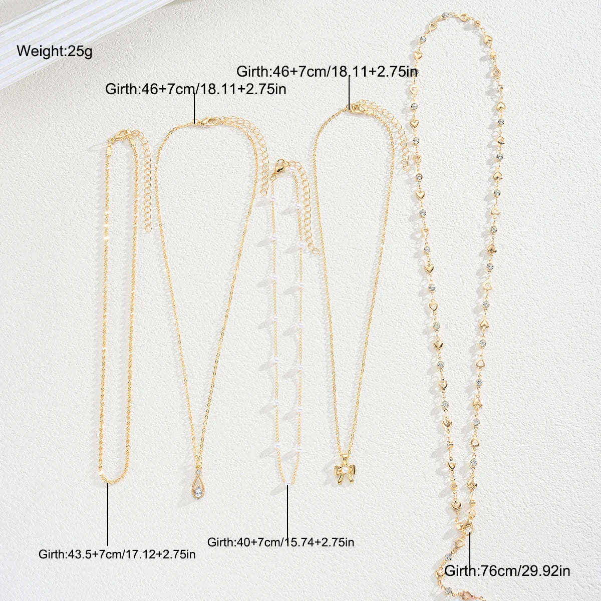 Zircon Pearl Bow Heart Layered Necklace Set Jewelry