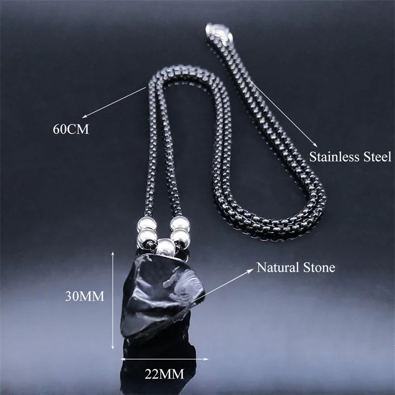 Boho Obsidian Natural Stone Bead Lucky Necklace Pendant Women Stainless Steel Black Color Chain Necklace Fashion Jewelry NGG47-1