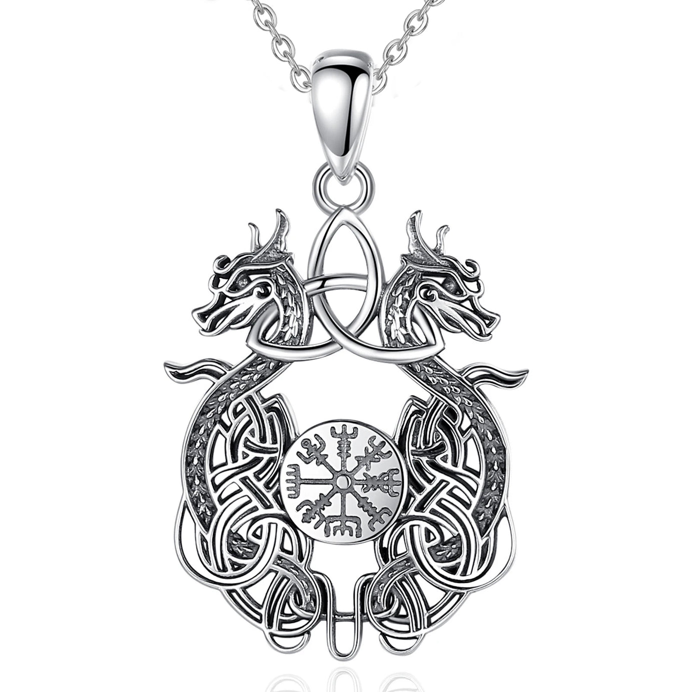 Sterling Silver 925 Viking Dragon Celtic Knot Compass Necklace, Norse Amulet