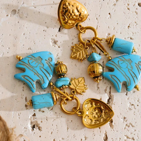 Blue Stone Fish Drop Earrings, 18K Gold Ocean Summer Stainless Steel Jewelry