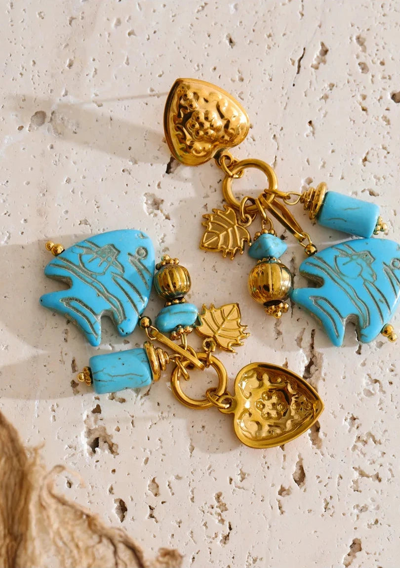 Blue Stone Fish Drop Earrings, 18K Gold Ocean Summer Stainless Steel Jewelry