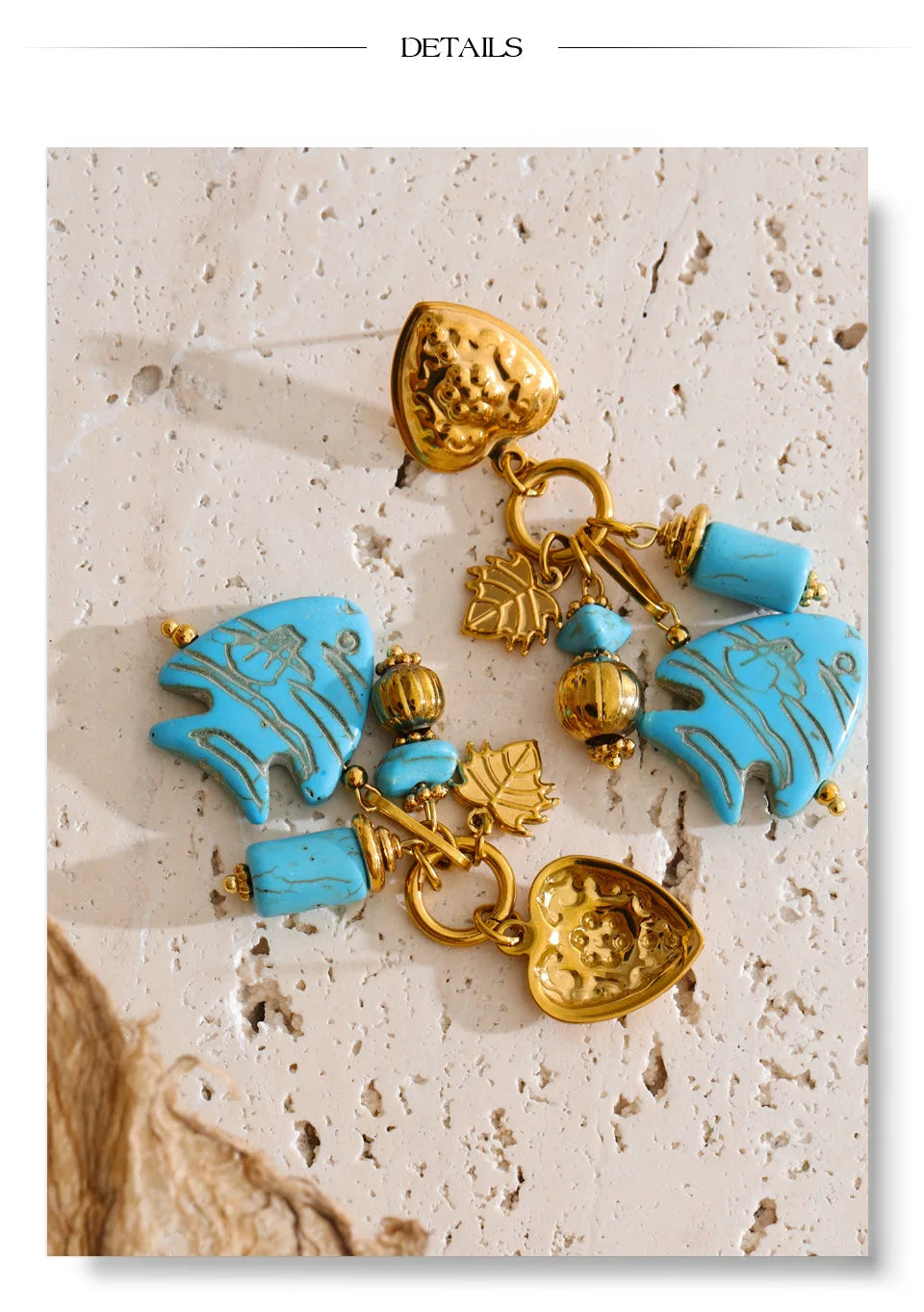 Yhpup Ocean Series Stainless Steel Blue Natural Stone Fish Drop Charm Earrings 18K Gold Color PVD Plated Summer Women Jewelry