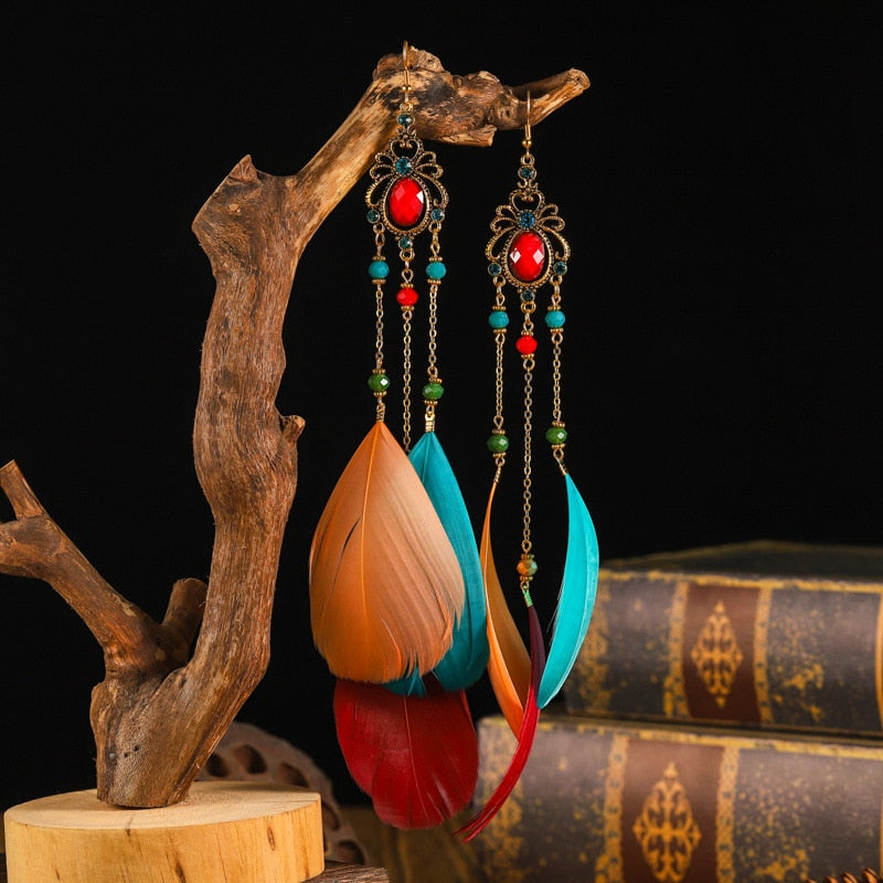 Fashion Earrings Bohemian Ethnic Style Leaf Earrings Jewelry Retro Long Tassel Colorful Feather Earrings Jewelry Gift - Charlie Dolly