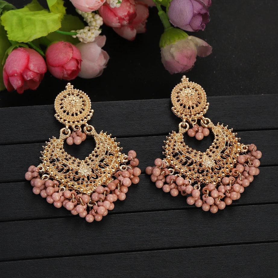 Gold Carved Heart Pink Bead Jhumka Earrings Jewelry